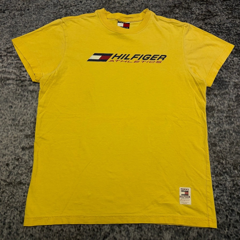 Vintage 90s Tommy Hilfiger Athletics T Shirt Mens Medium Yellow Logo Graphic - Picture 3 of 10